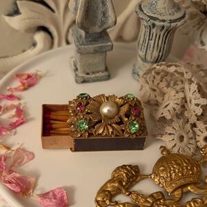 Florenza Vintage Gold Floral Jeweled Matchbox with Pearl Accent